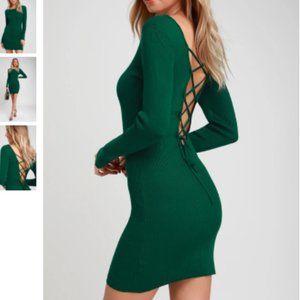 Lulus XL Forest Green Lace Up Back Ribbed Bodycon Mini Dress